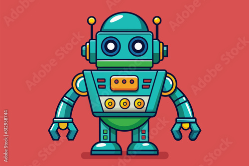 A blue robot stands upright on a vibrant red backdrop, Robotics Customizable Cartoon Illustration