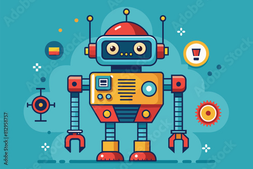 A robot is positioned in front of a vivid blue background, showcasing its futuristic design and technology, Robotics Customizable Disproportionate Illustration