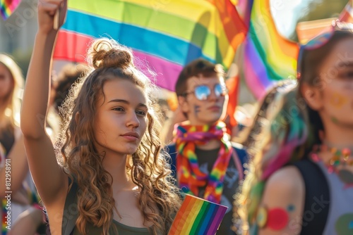 young woman with long curly hair is holding a rainbow flag at a pride parade. She is looking at the camera with a serious expression. © Mrzproducer