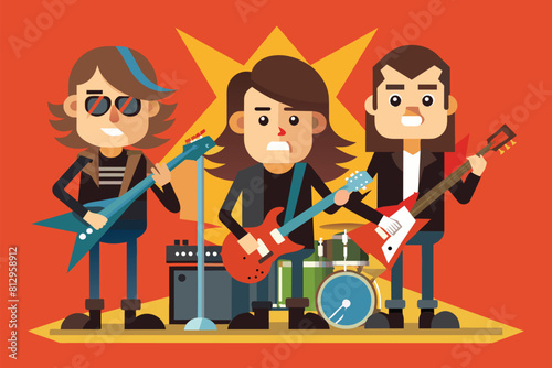 A group of individuals engaging in musical performance by playing guitars, Rockers Customizable Semi Flat Illustration