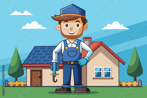 A man stands in front of a house with a solar panel on the roof, Roofer Customizable Cartoon Illustration