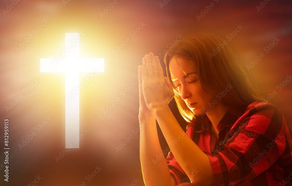 Woman praying to god. Catholic girl sits with folded palms. Praying ...
