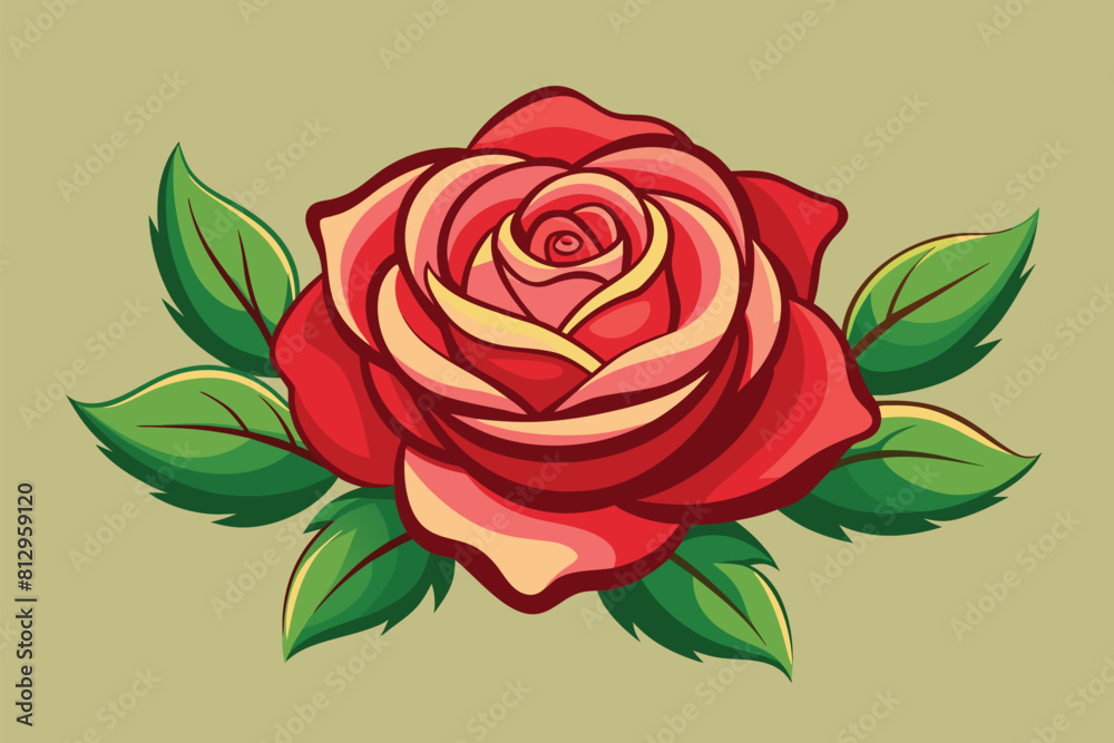 Red rose with green leaves is placed on a green background, Rose flower Customizable Semi Flat Illustration Red rose with green leaves is placed on a green background, Rose flower Customizable Semi Flat Illustration