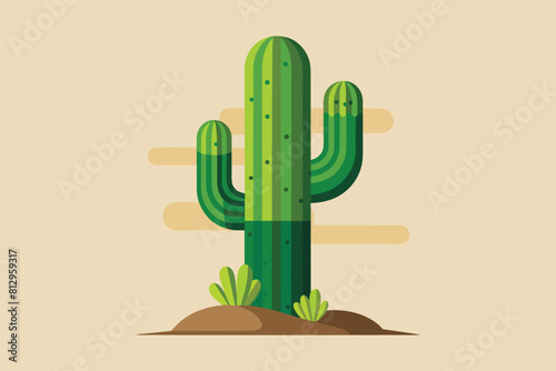 A green saguaro cactus stands tall in a dirt field under the sun, Saguaro cactus Customizable Disproportionate Illustration