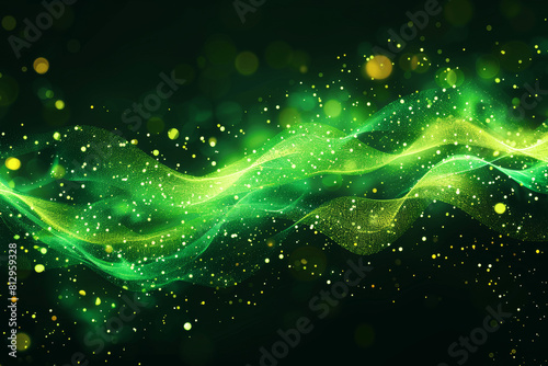 Curved green wave with bokeh lights, golden sparkles, shiny glitters particles on dark background. Artistic, Saint Patrick's Day, ecology concept for banner, background, digital art.