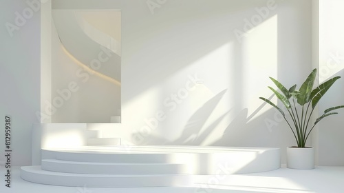 A contemporary white podium placed in a bright, open room with soft ambient lighting and minimalist geometric shapes