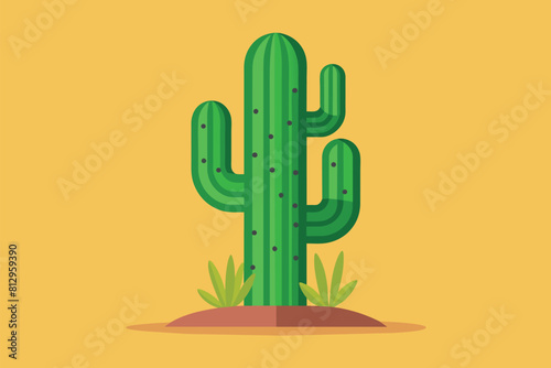 A customizable semi flat illustration of a green saguaro cactus against a bright yellow backdrop, Saguaro cactus Customizable Semi Flat Illustration