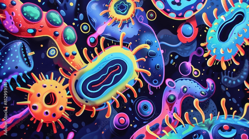 A colorful abstract monster bacteria with swirling neon patterns and geometric shapes, symbolizing a microscopic terror in a vibrant landscape A colorful abstract monster bacteria with swirling neon patterns and geometric shapes, symbolizing a microscopic terror in a vibrant landscape