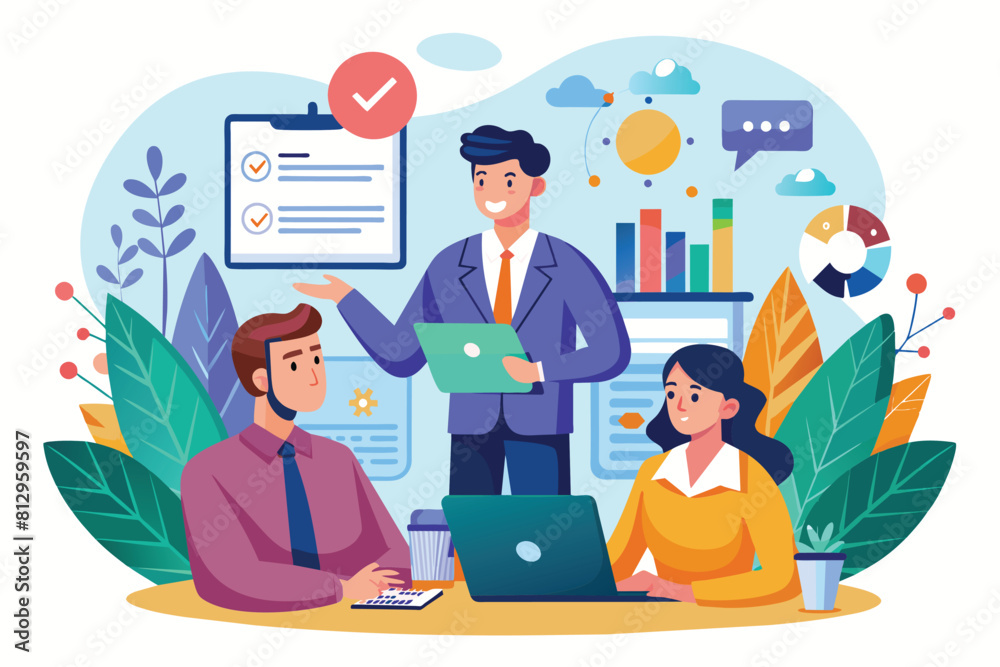 A man standing and giving a sales consulting presentation to a group of people in a meeting room, Sales consulting Customizable Flat Illustration A man standing and giving a sales consulting presentation to a group of people in a meeting room, Sales consulting Customizable Flat Illustration