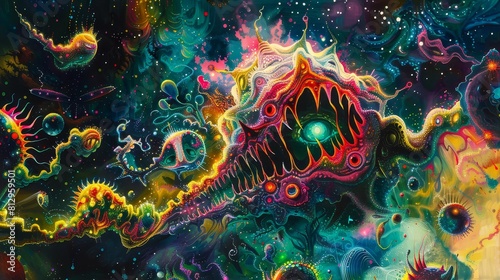 A colorful abstract monster bacteria with swirling neon patterns and geometric shapes, symbolizing a microscopic terror in a vibrant landscape