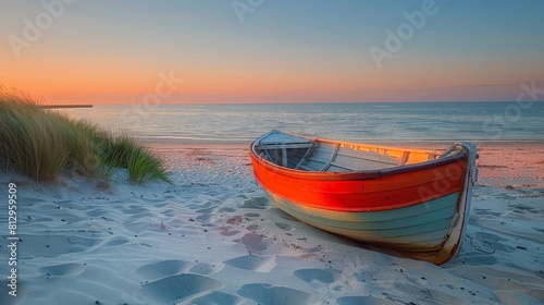 Boat on Sandy Beach at Sunset