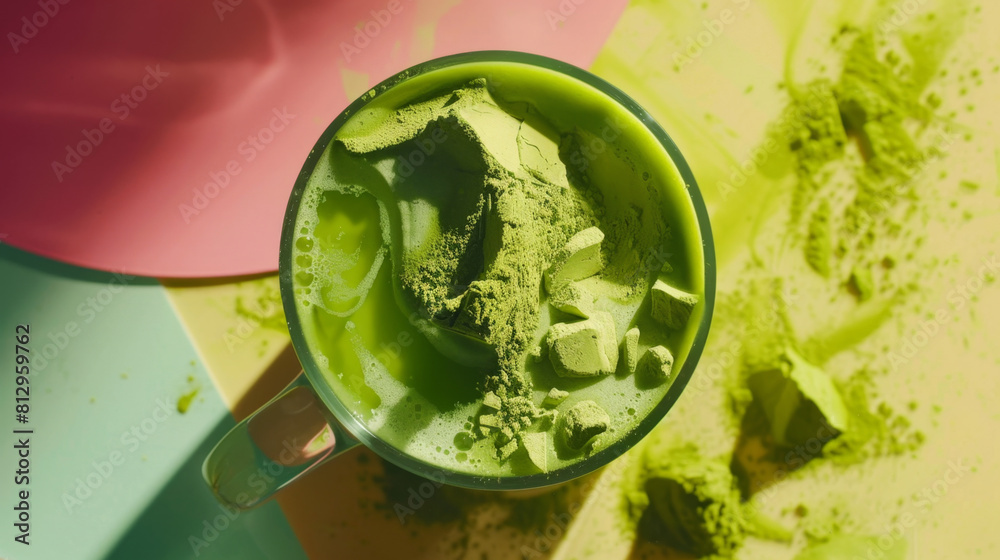 A top view of matcha powder inside a bright green cup, set against a multicolored backdrop with shades of pink and yellow. Matcha Powder in Green Cup on Colorful Background
A top view of matcha powder inside a bright green cup, set against a multicolored backdrop with shades of pink and yellow. Matcha Powder in Green Cup on Colorful Background