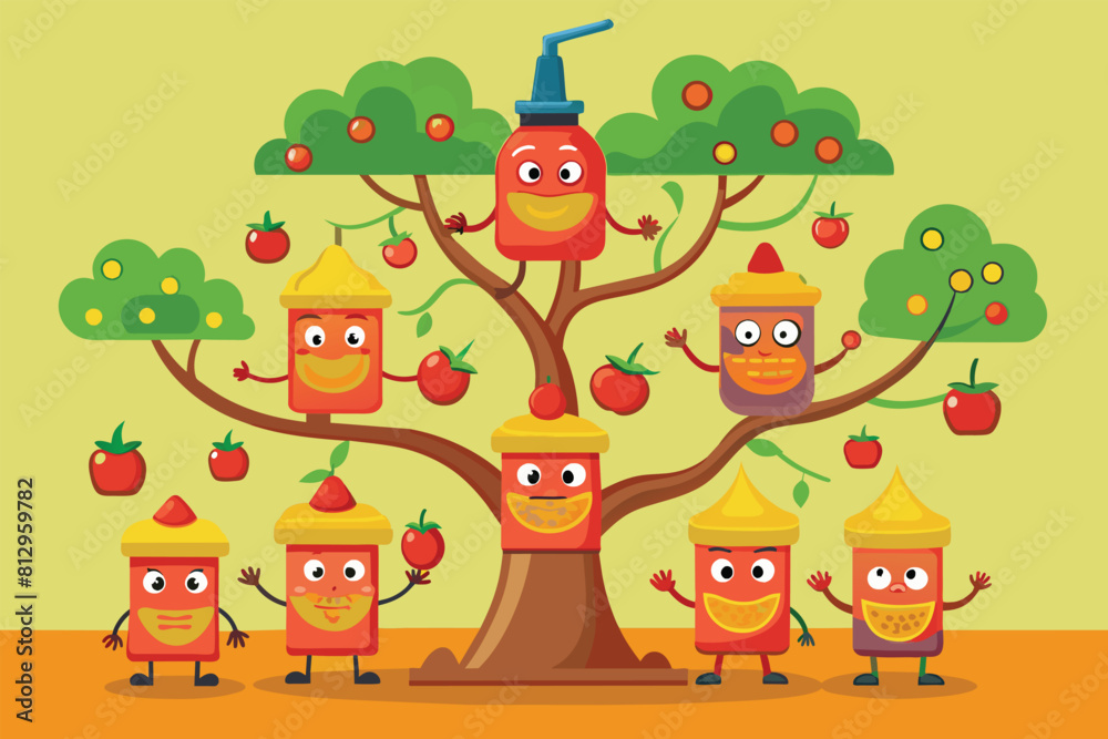 Fototapeta premium Cartoon tree with apples and jars hanging from its branches in a customizable illustration, Sauce tree Customizable Cartoon Illustration