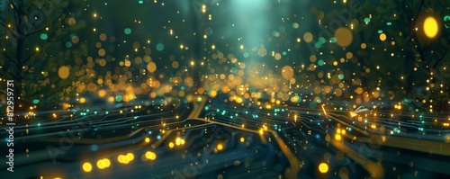 A circuit board forest bathed in an ethereal neon glow, with data fireflies flitting between the metallic pathways photo