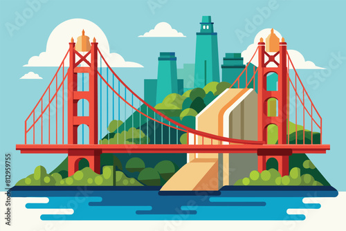 A bridge extends over a body of water towards a city skyline in the background, San francisco bridge Customizable Flat Illustration