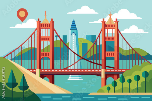 A large bridge spans over a river, with a city skyline in the background, San francisco bridge Customizable Flat Illustration
