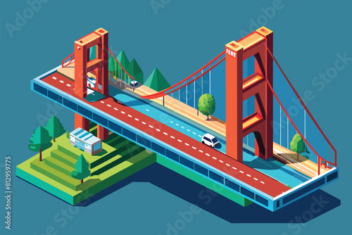 A car drives over the San Francisco bridge in an isometric illustration, San francisco bridge Customizable Isometric Illustration