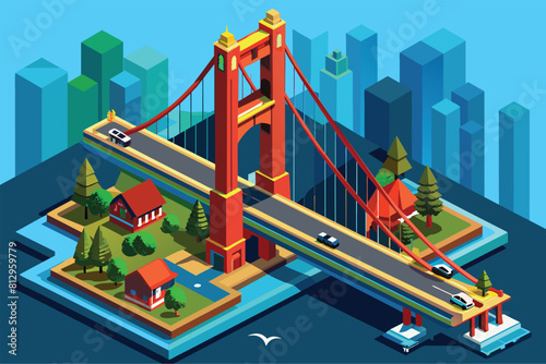 Illustration of cars crossing a bridge in an isometric view, San francisco bridge Customizable Isometric Illustration