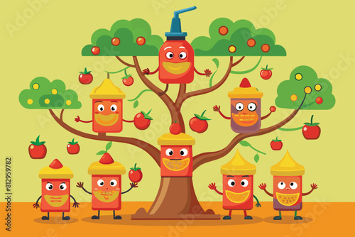 Cartoon tree with apples and jars hanging from its branches in a customizable illustration, Sauce tree Customizable Cartoon Illustration