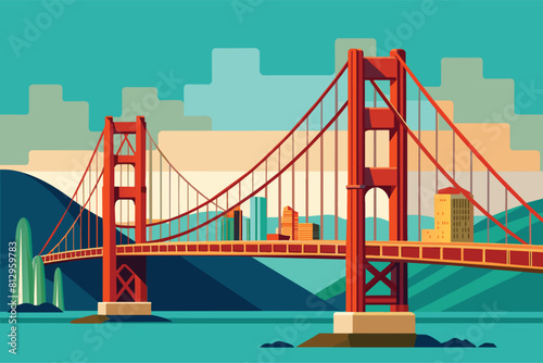 The iconic Golden Gate Bridge spanning the San Francisco Bay under clear skies  San francisco bridge Customizable Semi Flat Illustration