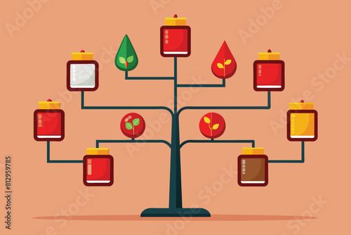A tree covered in various objects including toys, ribbons, and coins, Sauce tree Customizable Disproportionate Illustration