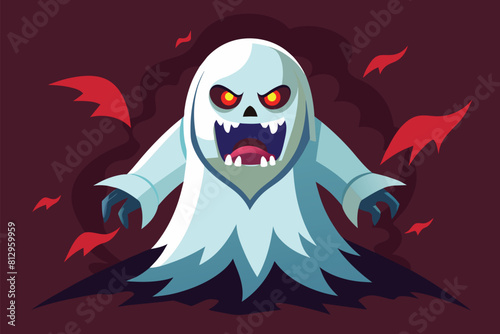 Spooky cartoon ghost with red eyes floating ominously, Scary ghost Customizable Semi Flat Illustration