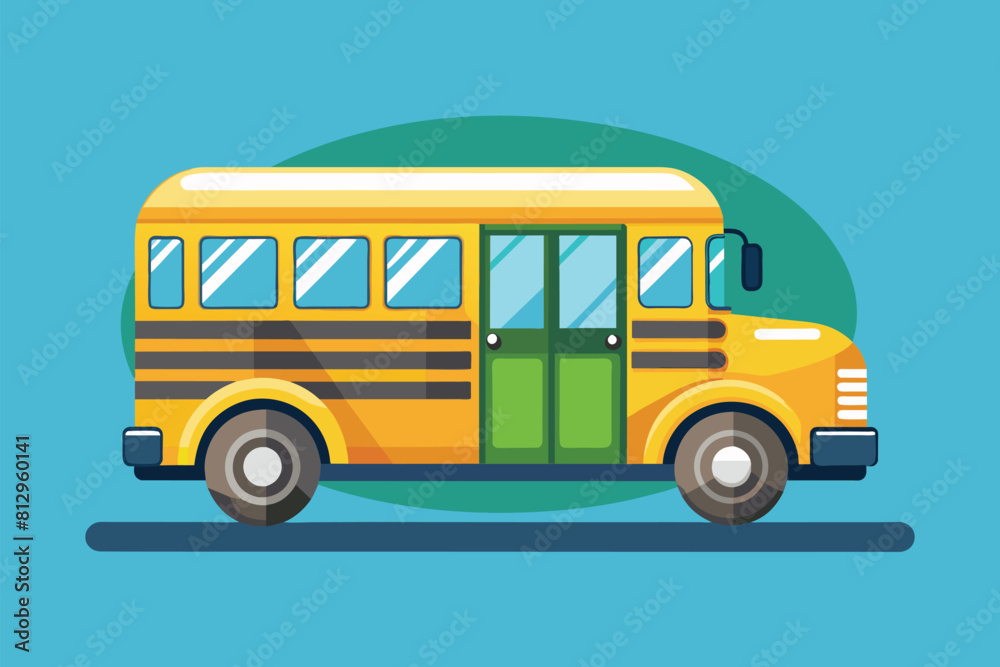 A traditional yellow school bus with a distinctive green door, parked on the street, School bus Customizable Flat Illustration A traditional yellow school bus with a distinctive green door, parked on the street, School bus Customizable Flat Illustration