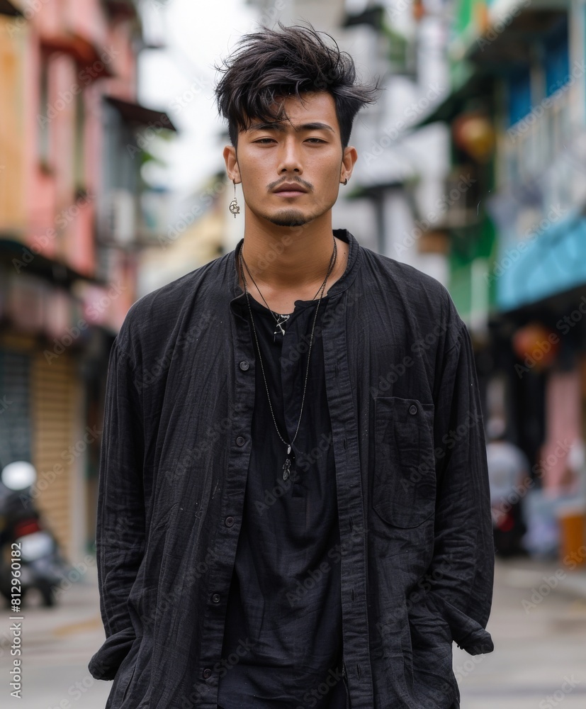 Fototapeta premium Young Taiwanese Man in Black Shirt Standing on Street