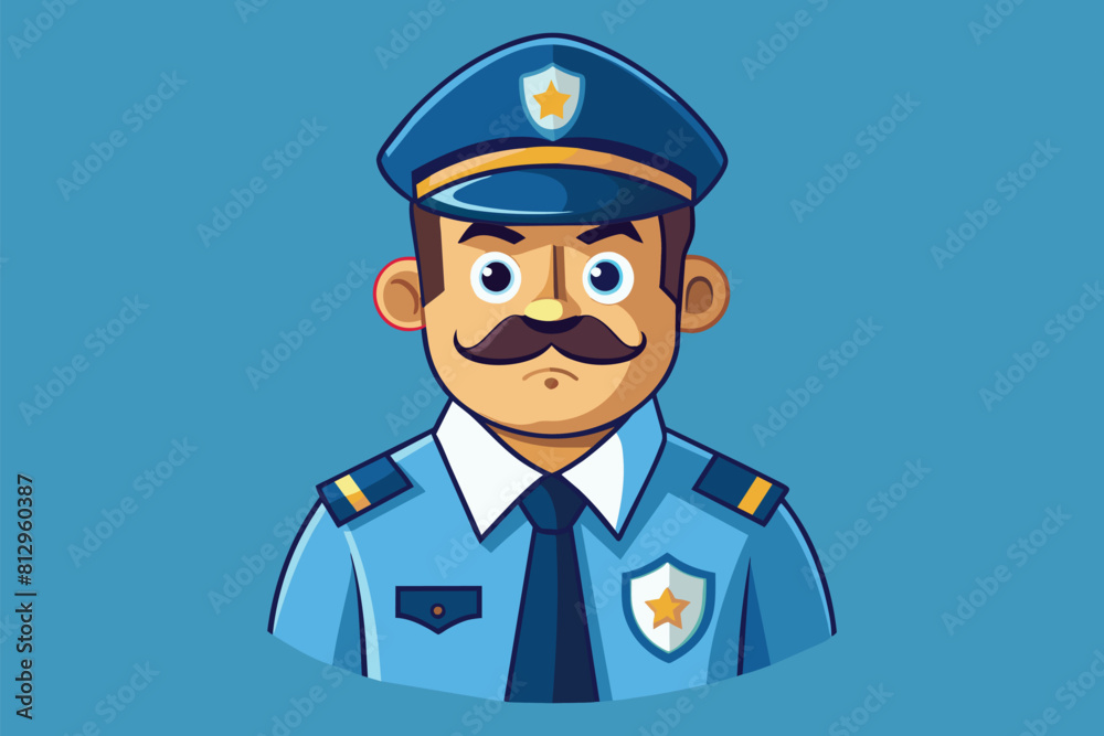 A stern cartoon police officer with a distinctive mustache stands in uniform, Security Customizable Cartoon Illustration