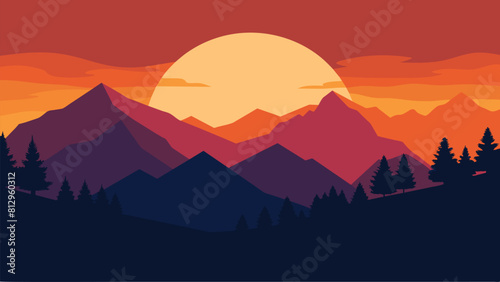  Colorful autumn sunset in the mountains  flat vector Beauty of nature concept background