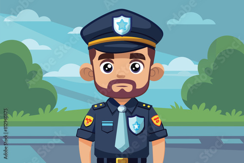 A cartoon police officer stands confidently in the middle of the street, Security Customizable Cartoon Illustration