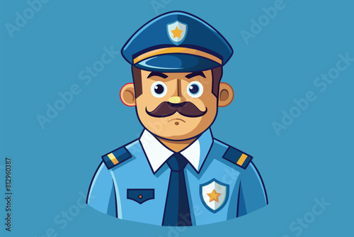 A stern cartoon police officer with a distinctive mustache stands in uniform, Security Customizable Cartoon Illustration