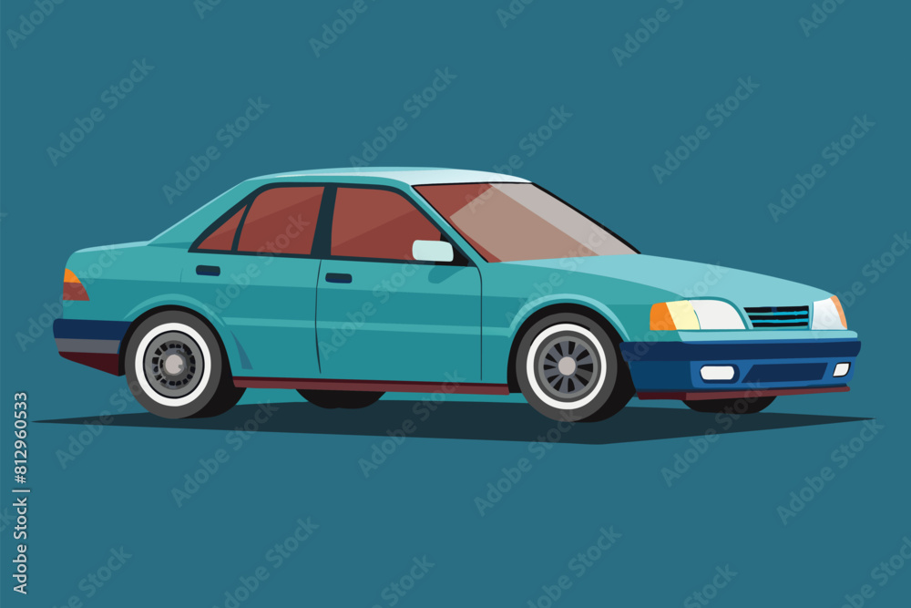 A realistic illustration of a blue sedan car parked on a plain blue background, Sedan car Customizable Semi Flat Illustration A realistic illustration of a blue sedan car parked on a plain blue background, Sedan car Customizable Semi Flat Illustration
