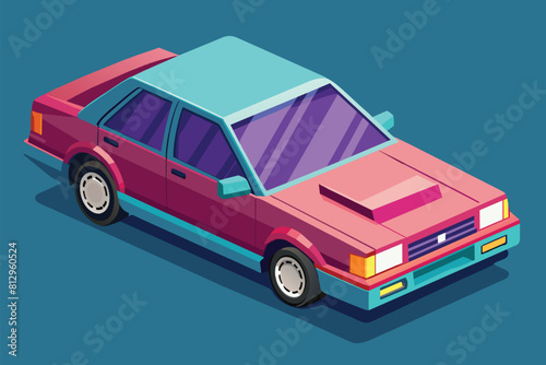 Sedan car with pink body, blue roof, and purple top in customizable isometric illustration, Sedan car Customizable Isometric Illustration