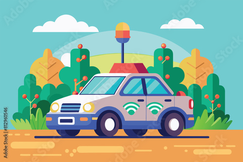 A customized self-driving car in red and blue driving down a busy road, Self driving car Customizable Flat Illustration