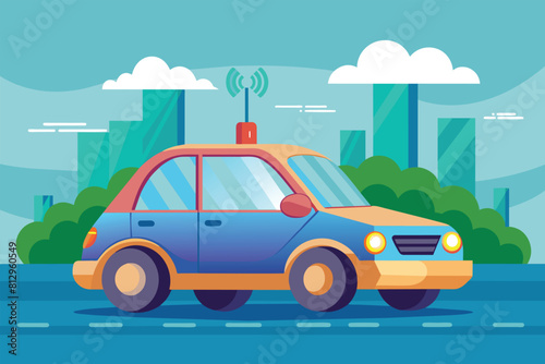 A blue and yellow car drives down a street lined with tall buildings in an urban setting  Self driving car Customizable Semi Flat Illustration