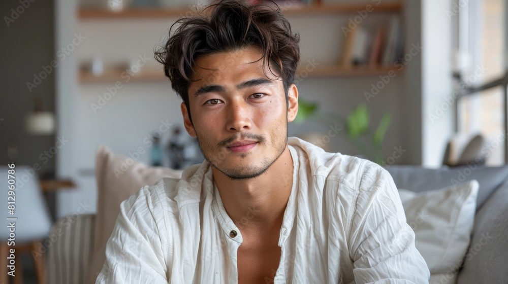 Obraz premium Young Taiwanese Man Sitting on a Couch