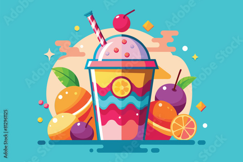 A cup of ice cream topped with fruit and a straw, Slush Customizable Disproportionate Illustration