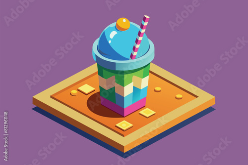 A vibrant slush drink with a straw in it, customizable isometric illustration, Slush Customizable Isometric Illustration