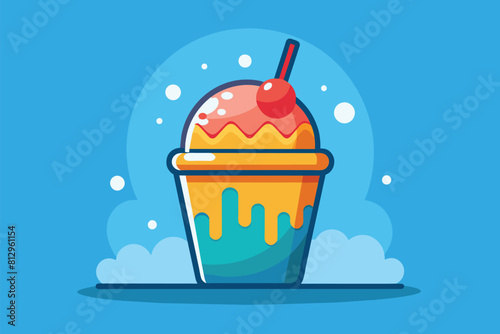 A delicious ice cream sundae topped with a cherry, served in a glass dish, Slush Customizable Semi Flat Illustration