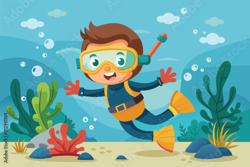 A boy wearing a diving mask is swimming underwater in the ocean, Snorkeling Customizable Cartoon Illustration