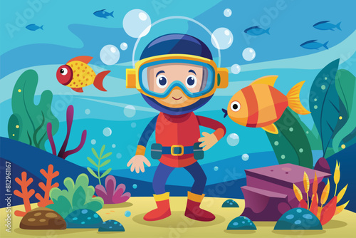 A man in a diving suit and mask is standing in the ocean, Snorkeling Customizable Cartoon Illustration