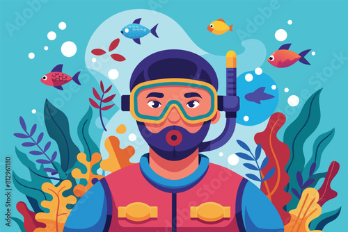 A man wearing a diving suit and scuba mask preparing for an underwater dive, Snorkeling Customizable Disproportionate Illustration