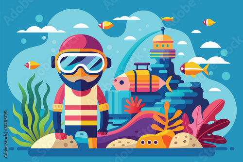 A man in a diving suit and goggles stands facing a vibrant coral reef underwater, Snorkeling Customizable Flat Illustration