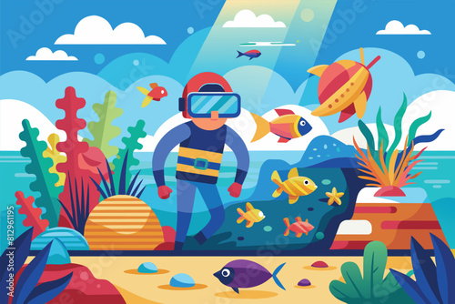 A man wearing a diving suit is surrounded by numerous fish underwater  Snorkeling Customizable Flat Illustration