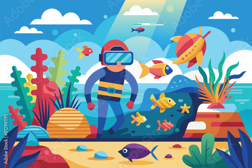 A man wearing a diving suit is surrounded by numerous fish underwater, Snorkeling Customizable Flat Illustration