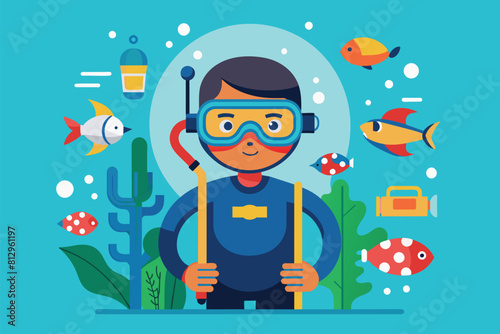 A man in a diving suit is surrounded by fish in the ocean, Snorkeling Customizable Disproportionate Illustration