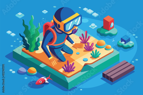 A man in a diving suit stands on an island surrounded by corals in this underwater scene, Snorkeling Customizable Isometric Illustration