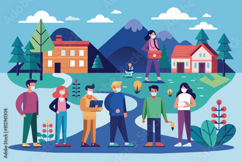 A group of diverse individuals standing in front of a house, Social distancing Customizable Semi Flat Illustration