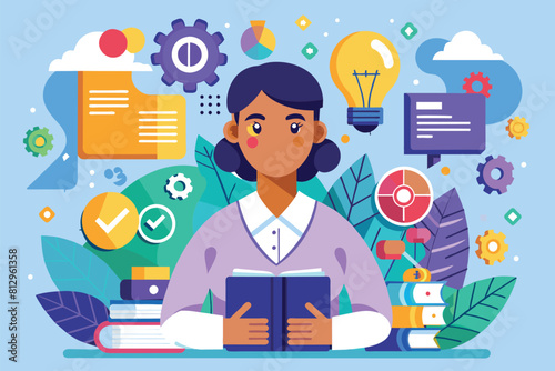 A woman sits in front of a book surrounded by various icons, Soft skills Customizable Flat Illustration